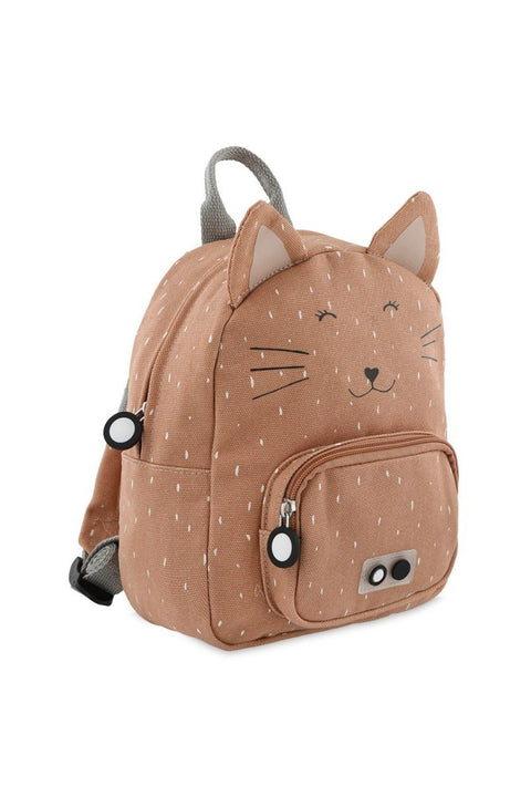 4. Side view of Trixie Baby's Mrs. Cat small backpack in brown with cat face design, showing front pocket and grey handle