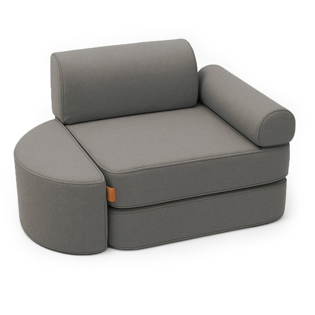 1. Clay taupe children's modular sofa with armrest and semicircular footstool on white background
