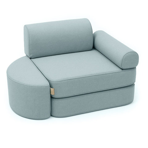 1. Children's modular sofa in cloudberry sky blue with armrest and semicircular footstool on white background