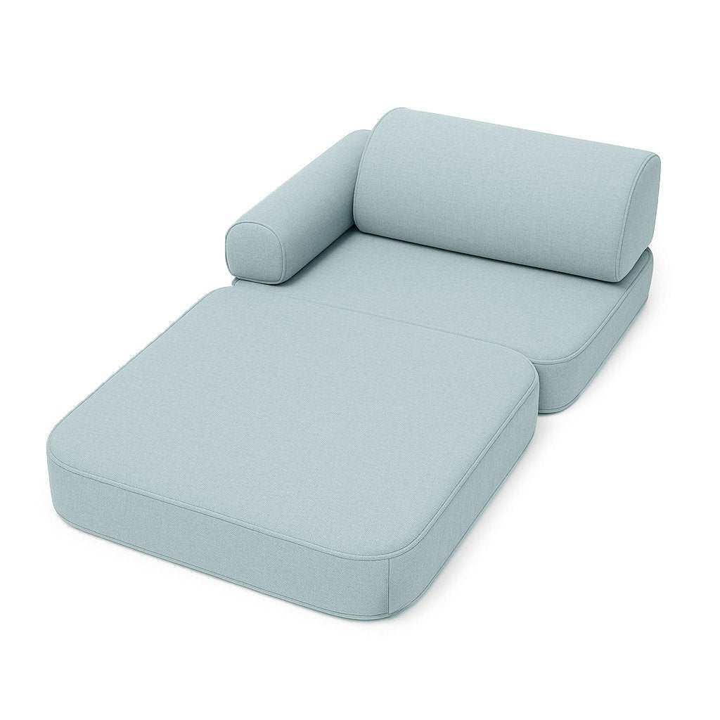 2. Children's sofa in cloudberry sky blue arranged as a lounger with armrest on white background