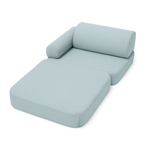 2. Children's sofa in cloudberry sky blue arranged as a lounger with armrest on white background