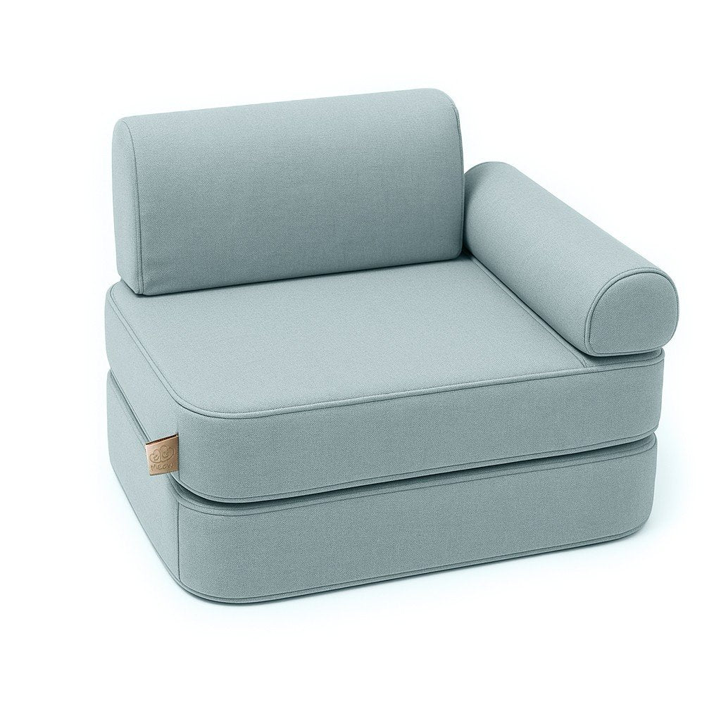 3. Compact children's sofa in cloudberry sky blue with armrest and visible MeowBaby logo on white background