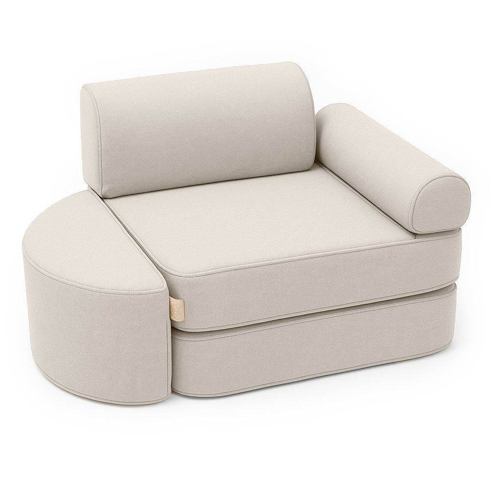 1. Beige modular children's sofa with armrest and semicircular footstool on white background