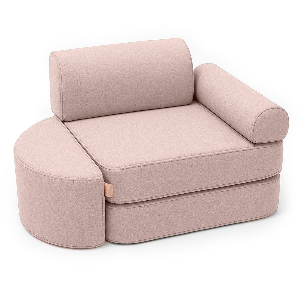 1. Rosy dune pink children's modular sofa with armrest and semicircular footstool on white background