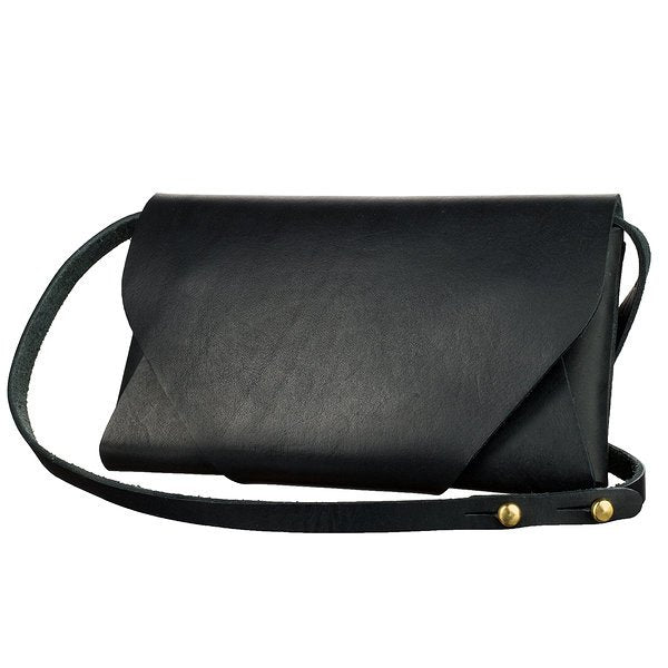 2. Black leather Stella Soomlais Capital of Plenty clutch-wallet with adjustable strap on white background