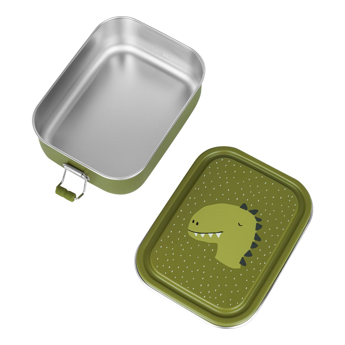 2. Open green Mr. Dinosaur lunch box with stainless steel interior and dinosaur print lid