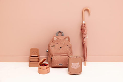 1. Trixie Baby Mrs. Cat collection featuring lunch box, backpack, and umbrella in matching peach color with cat design
