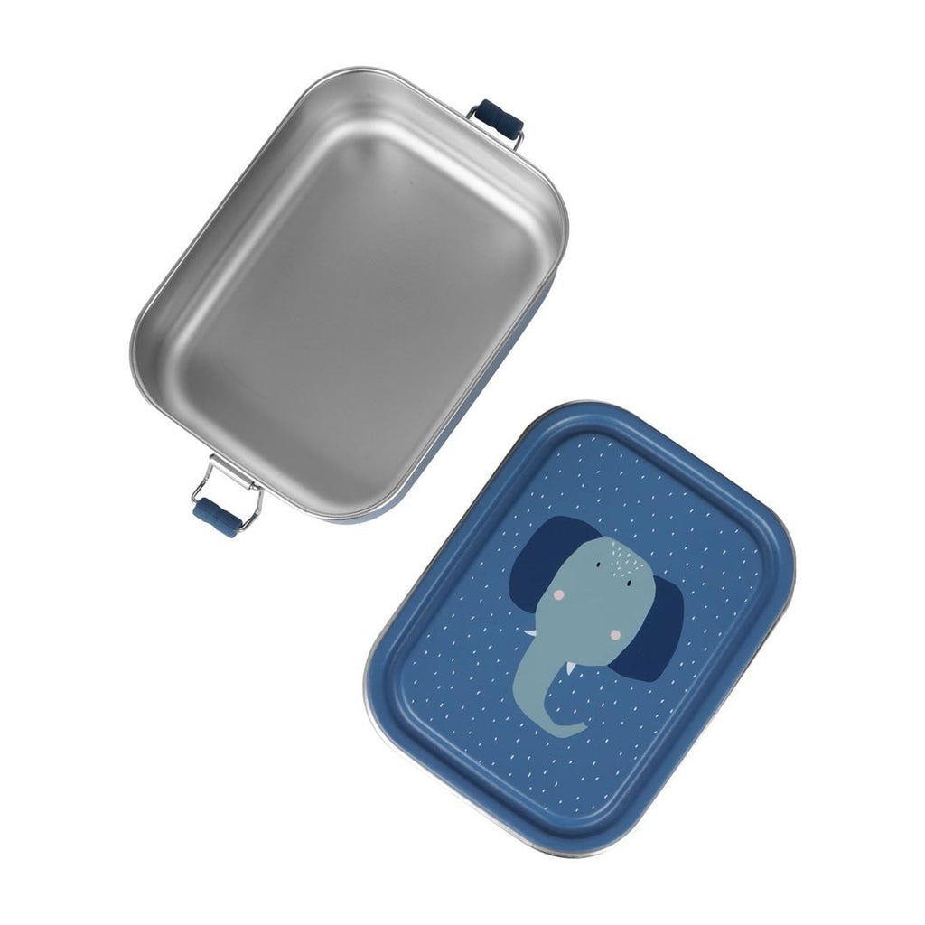 2. Open blue lunch box with Mrs. Elephant design on lid, showing stainless steel interior and silicone buckle, displayed on white background