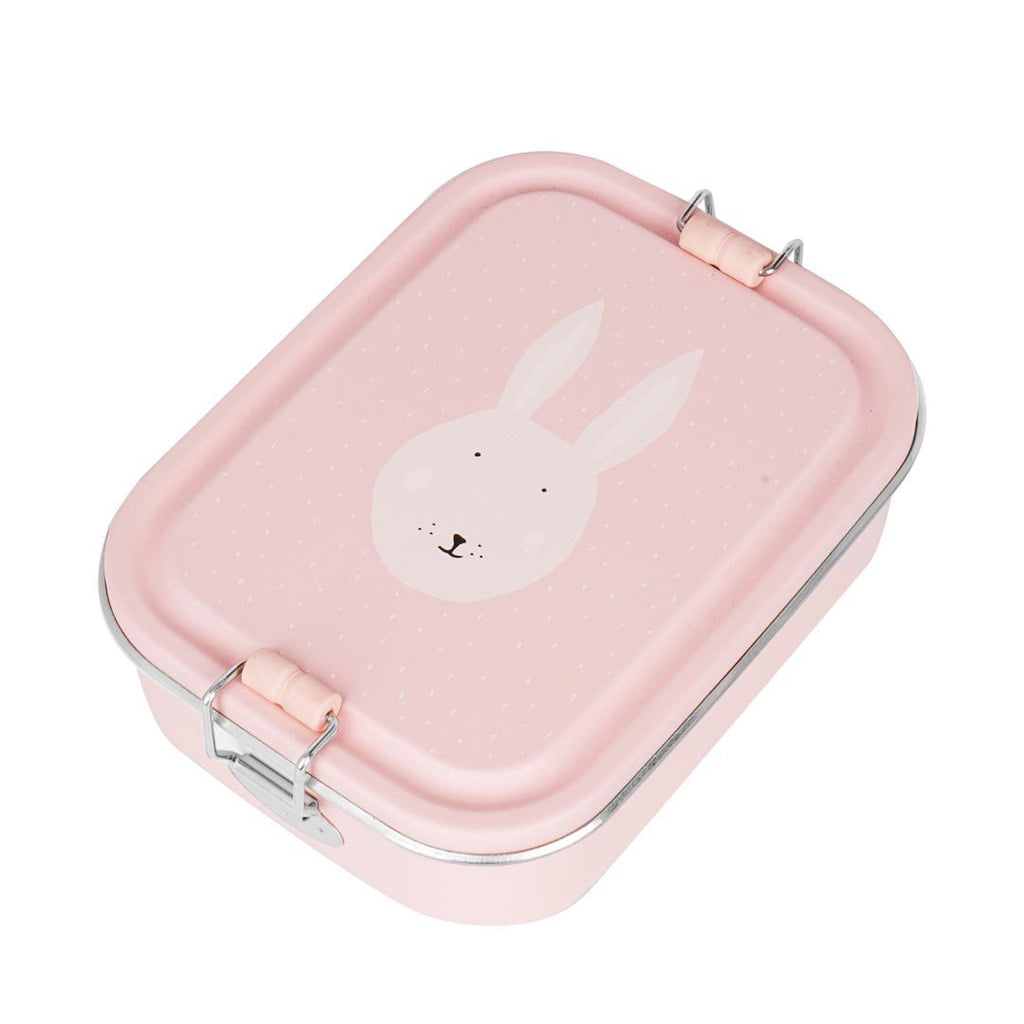 2. Pink stainless steel lunch box with Mrs. Rabbit design on lid, featuring silicone buckle, shown in studio setting
