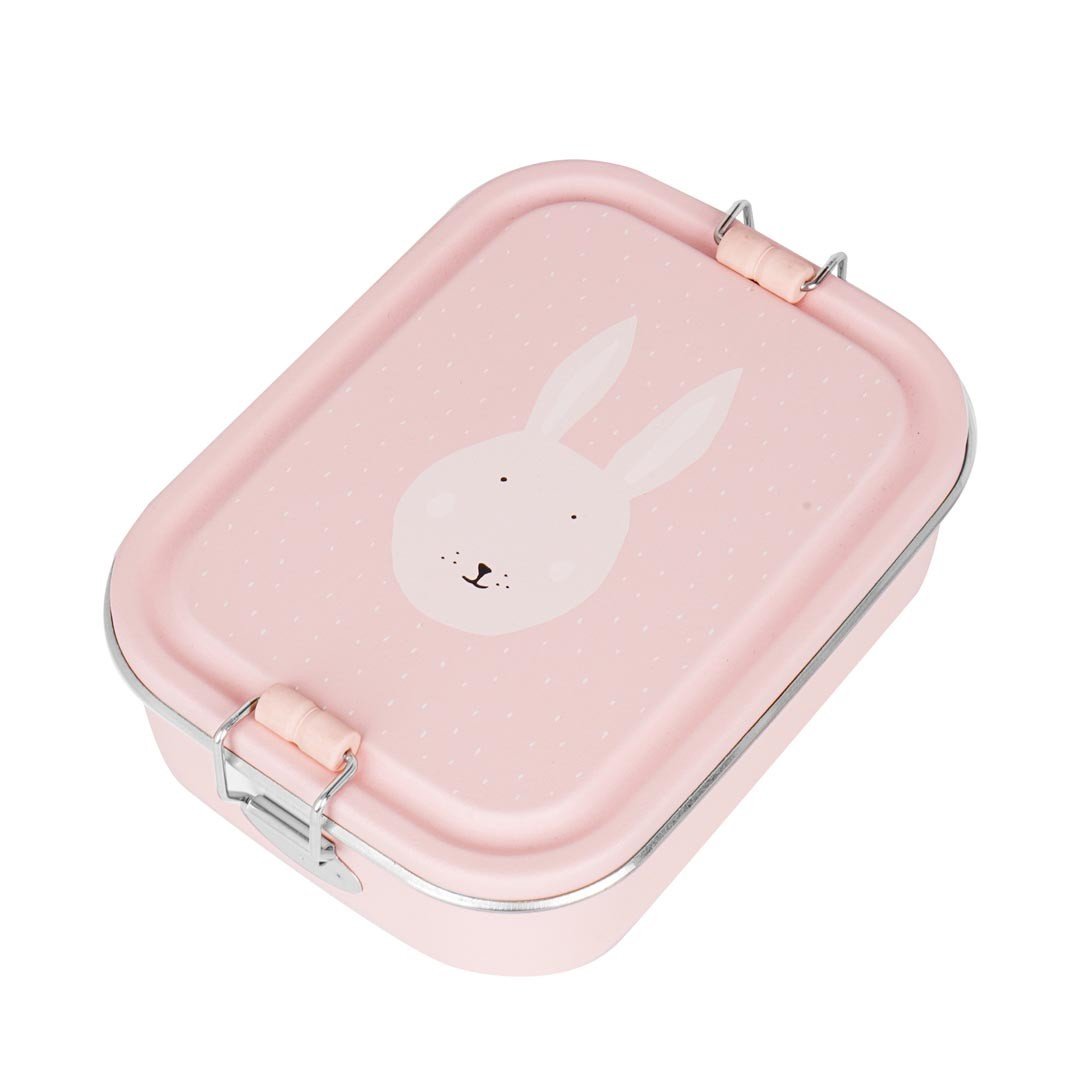 2. Pink stainless steel lunch box with Mrs. Rabbit design on lid, featuring silicone buckle, shown in studio setting