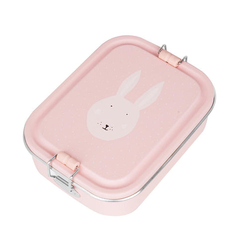 2. Pink stainless steel lunch box with Mrs. Rabbit design on lid, featuring silicone buckle, shown in studio setting