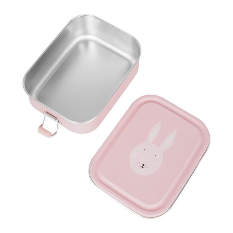 3. Open pink lunch box with Mrs. Rabbit design, showing stainless steel interior and detachable lid