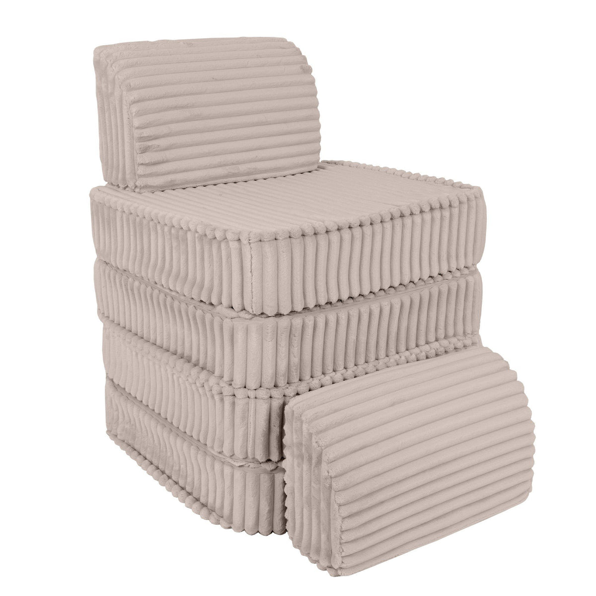 3. Beige modular kids sofa stacked vertically with ribbed corduroy fabric, showing a single backrest and multiple seat cushions on a white background