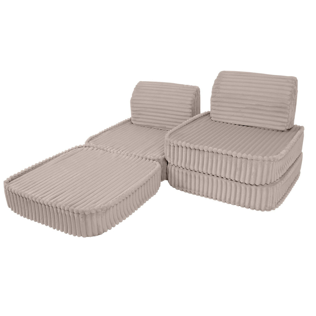 2. Beige modular kids sofa in a reclined layout with ribbed corduroy fabric, featuring two backrests and extended seat cushions on a white background