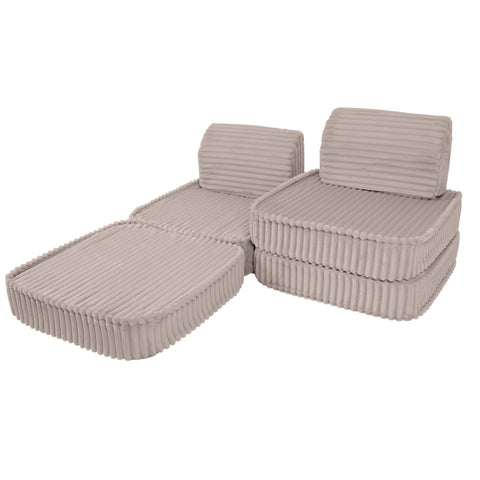2. Beige modular kids sofa in a reclined layout with ribbed corduroy fabric, featuring two backrests and extended seat cushions on a white background