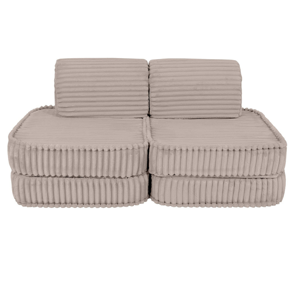 1. Beige modular kids sofa with ribbed corduroy fabric, shown in a compact configuration with two backrests and two seat cushions on a white background