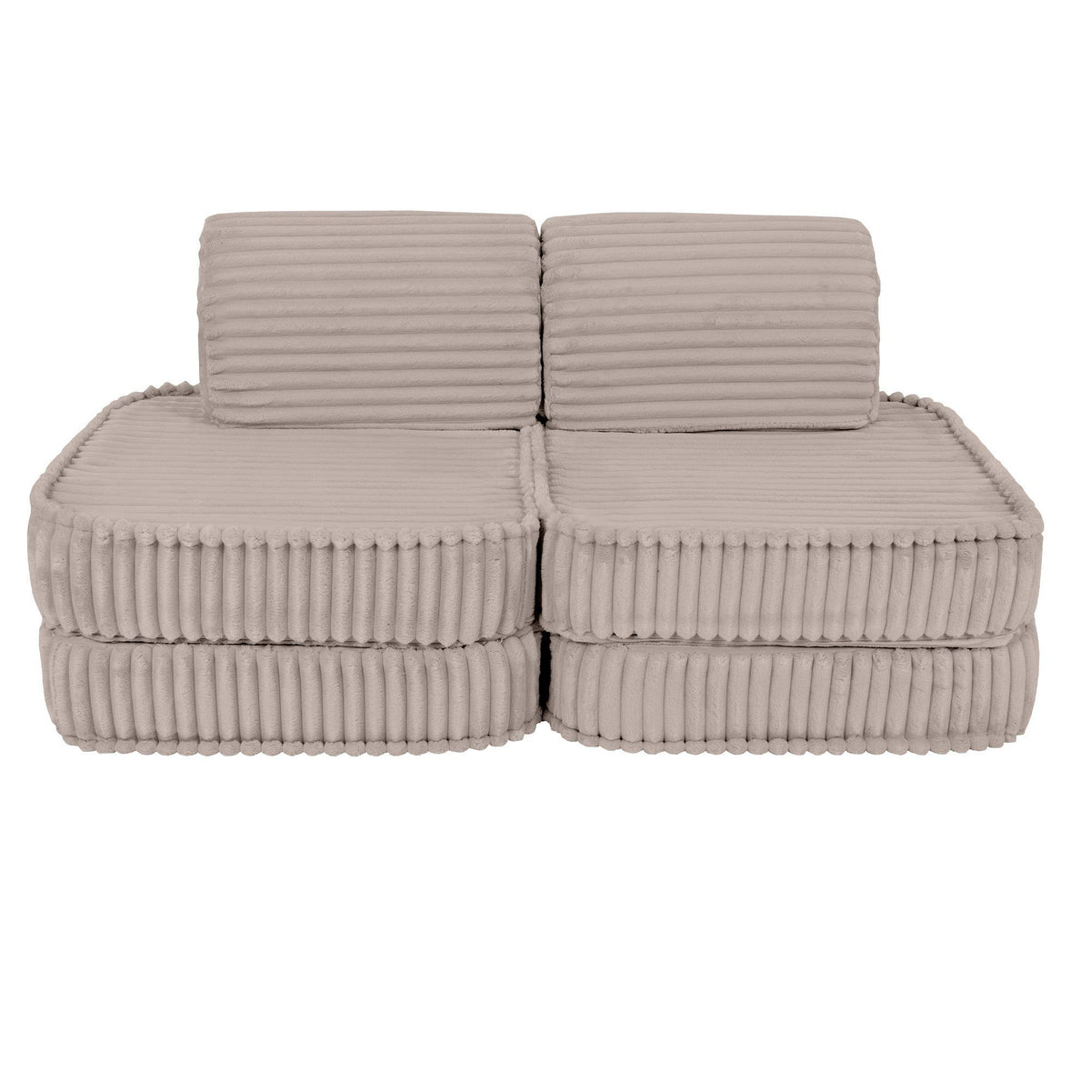 1. Beige modular kids sofa with ribbed corduroy fabric, shown in a compact configuration with two backrests and two seat cushions on a white background