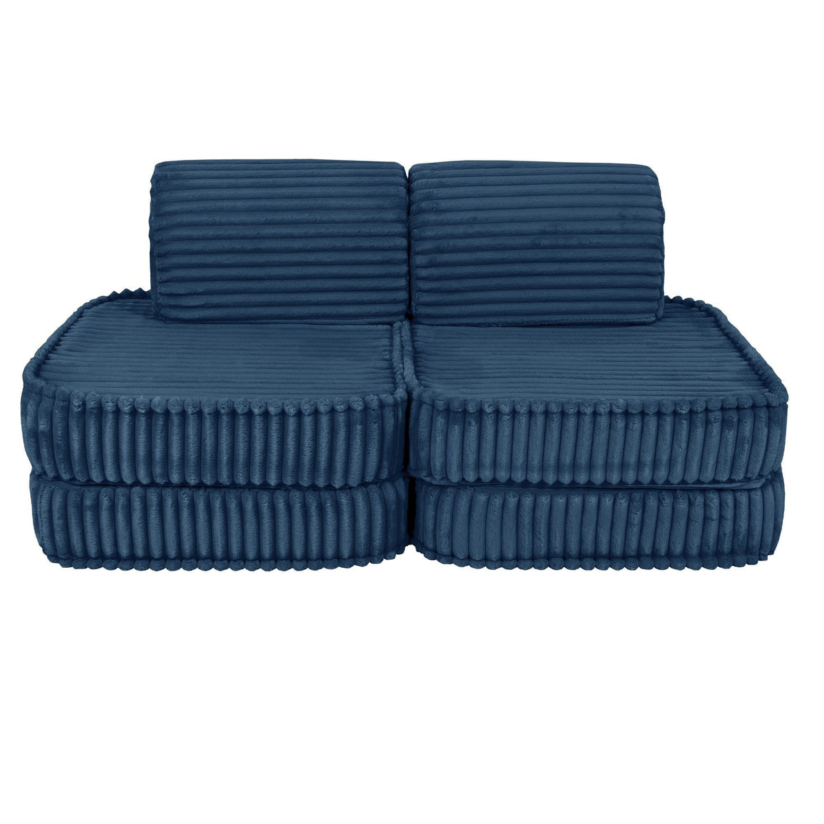 1. Blue modular kids sofa with ribbed corduroy fabric shown in a compact configuration on a white background