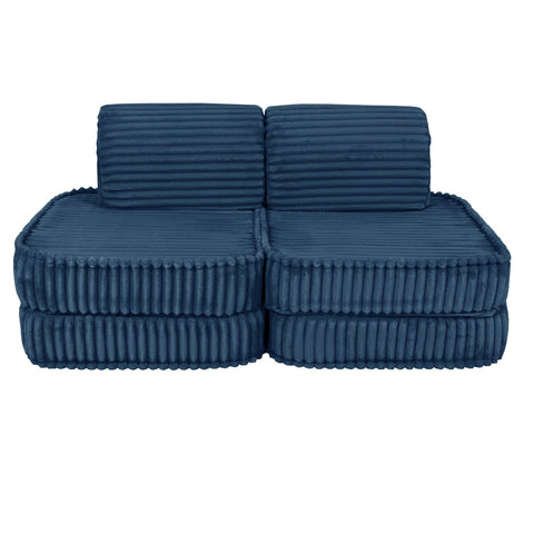 1. Blue modular kids sofa with ribbed corduroy fabric shown in a compact configuration on a white background