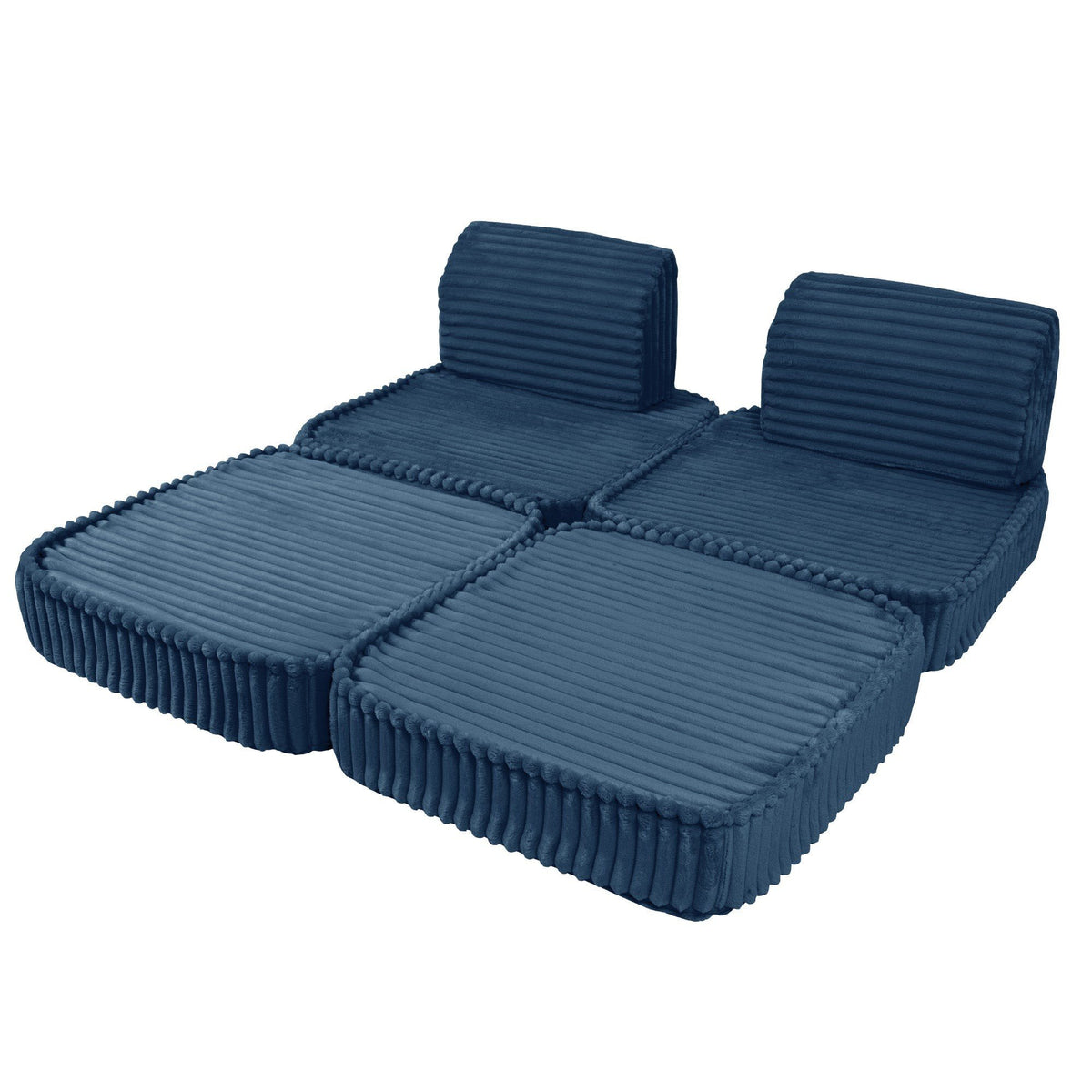 4. Blue modular kids sofa with ribbed corduroy fabric shown in a flat configuration on a white background
