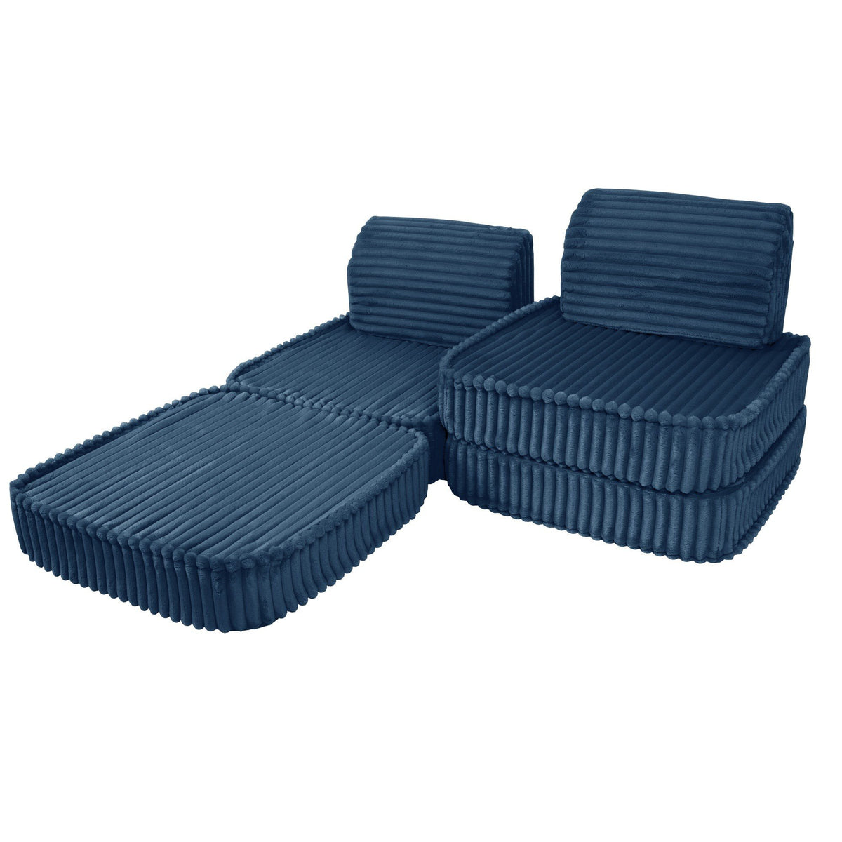 2. Blue modular kids sofa with ribbed corduroy fabric shown in a reclined configuration on a white background