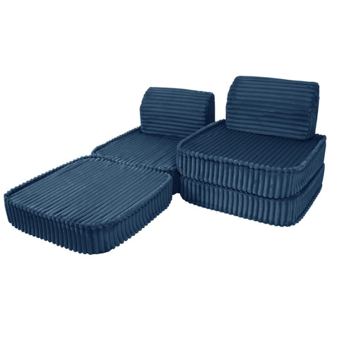 2. Blue modular kids sofa with ribbed corduroy fabric shown in a reclined configuration on a white background