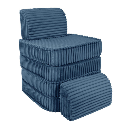 3. Blue modular kids sofa with ribbed corduroy fabric stacked vertically on a white background