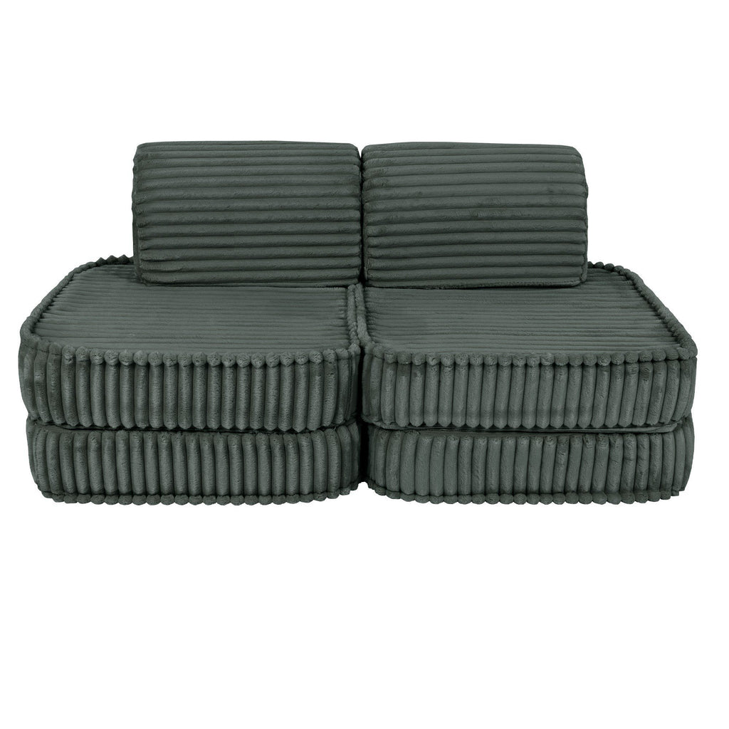 1. Small modular kids sofa in forest green corduroy with ribbed texture, shown in a compact configuration with two backrests on a white background