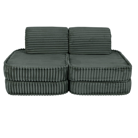 1. Small modular kids sofa in forest green corduroy with ribbed texture, shown in a compact configuration with two backrests on a white background