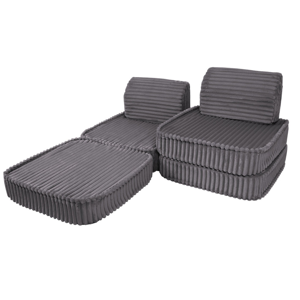 3. Versatile kids sofa in Jurassic grey corduroy, partially reclined with ribbed texture, on a white background