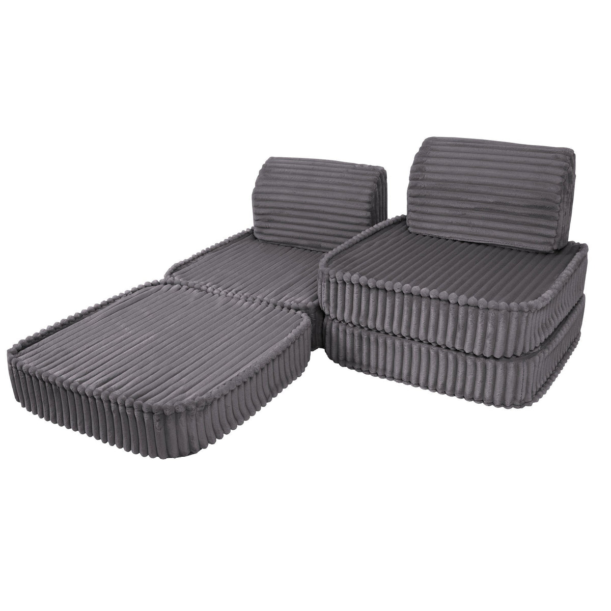 3. Versatile kids sofa in Jurassic grey corduroy, partially reclined with ribbed texture, on a white background
