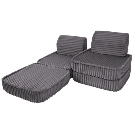 3. Versatile kids sofa in Jurassic grey corduroy, partially reclined with ribbed texture, on a white background