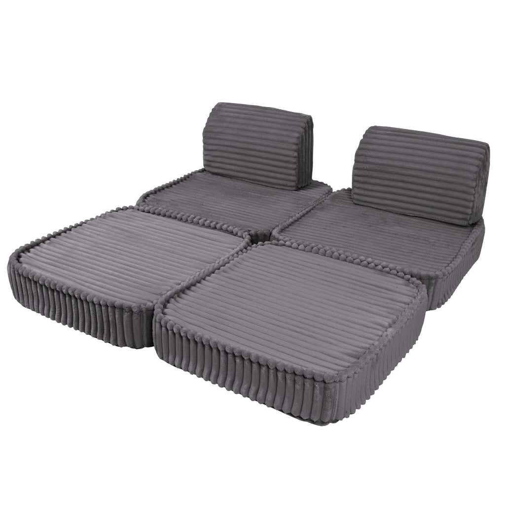 4. Modular kids sofa in Jurassic grey corduroy, fully reclined with ribbed texture, on a white background
