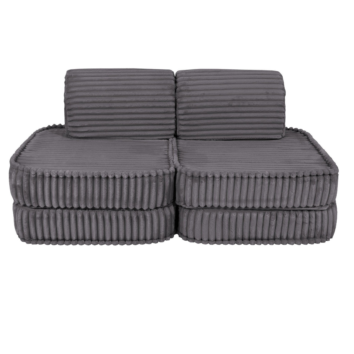 1. Small modular kids sofa in Jurassic grey corduroy with ribbed texture, shown in a two-seater configuration on a white background