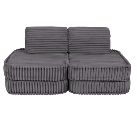 1. Small modular kids sofa in Jurassic grey corduroy with ribbed texture, shown in a two-seater configuration on a white background