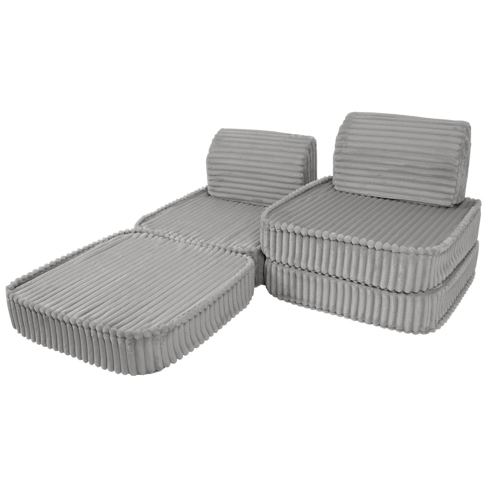 3. Small modular kids sofa in moon grey corduroy, extended into a lounge chair with ribbed texture