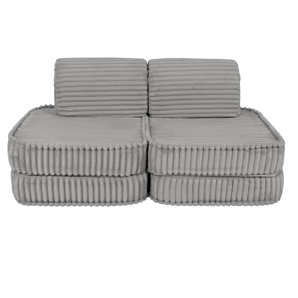 1. Small modular kids sofa in moon grey corduroy with ribbed texture, shown in a compact two-seater configuration