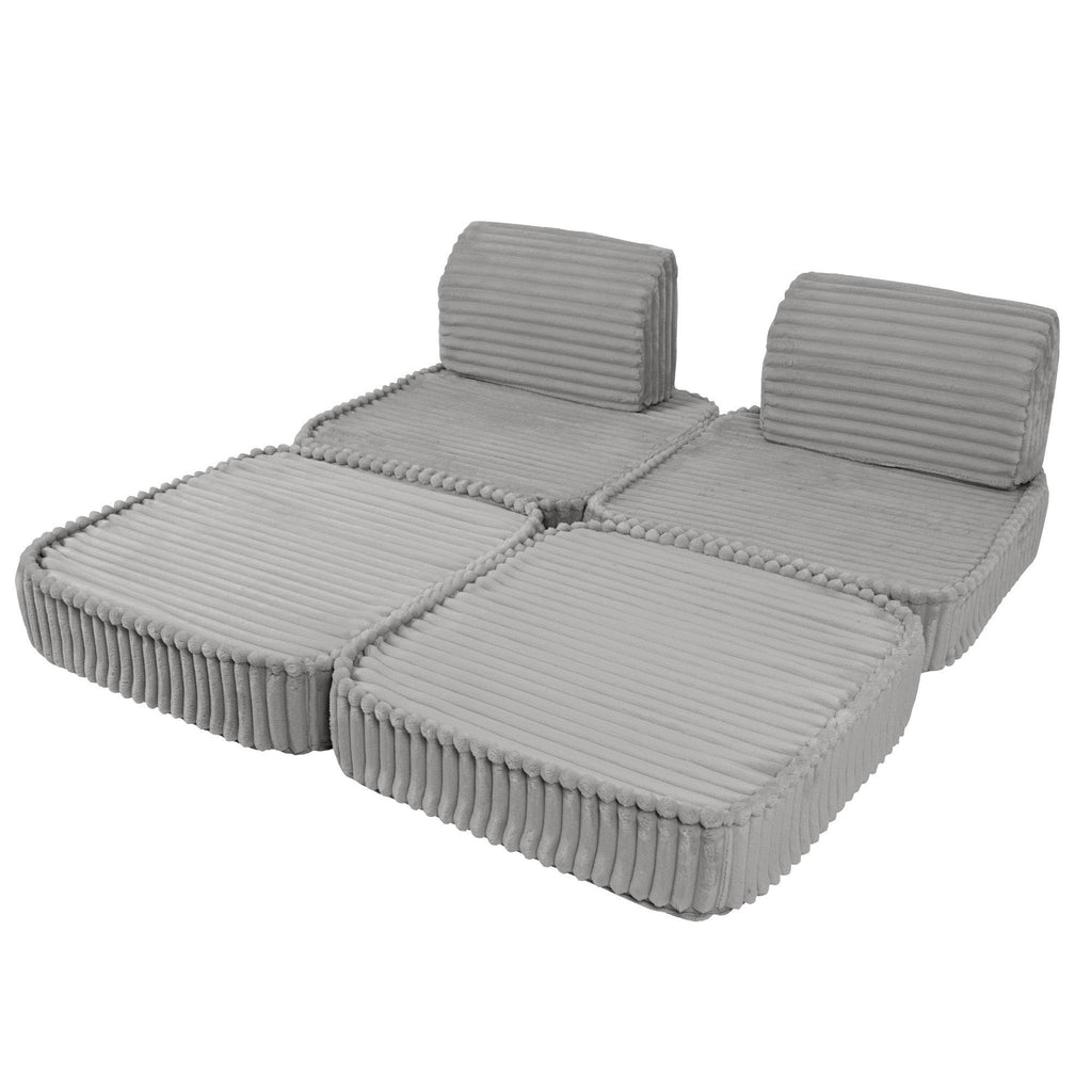4. Small modular kids sofa in moon grey corduroy, laid out flat to form a double lounger with ribbed texture