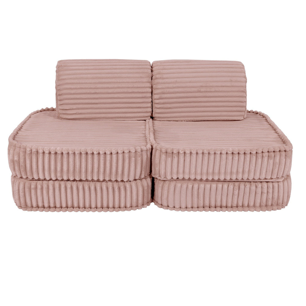 1. Pink modular kids sofa with ribbed corduroy texture, shown in a compact configuration with two backrests and two seat cushions