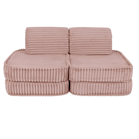 1. Pink modular kids sofa with ribbed corduroy texture, shown in a compact configuration with two backrests and two seat cushions
