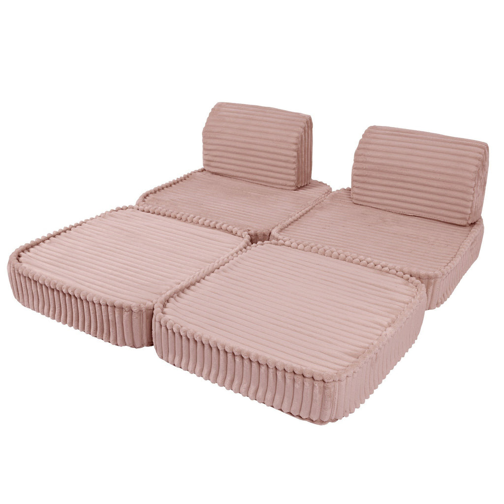 2. Pink modular kids sofa with ribbed corduroy texture, laid flat with two backrests and two seat cushions