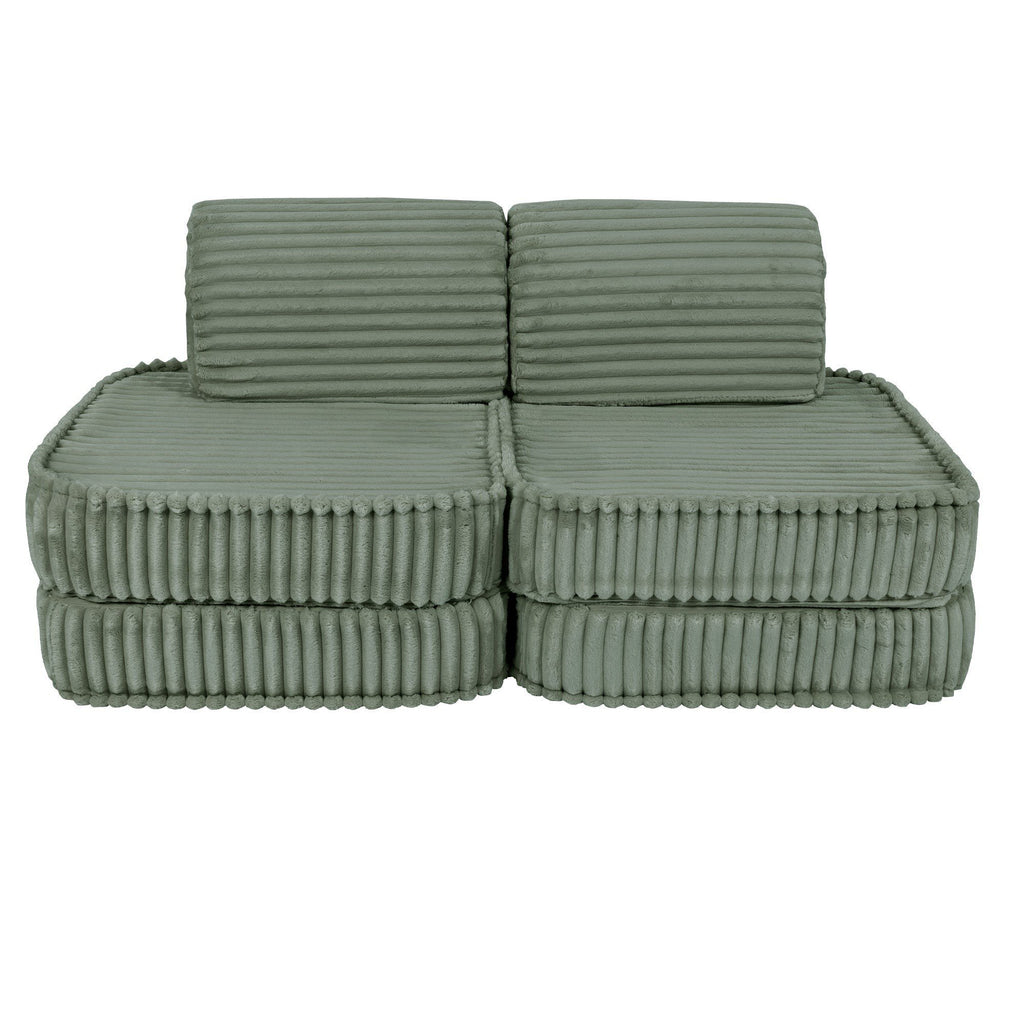 1. Small modular kids sofa in sage green corduroy with ribbed texture, shown in a compact configuration with two backrests and two seat cushions