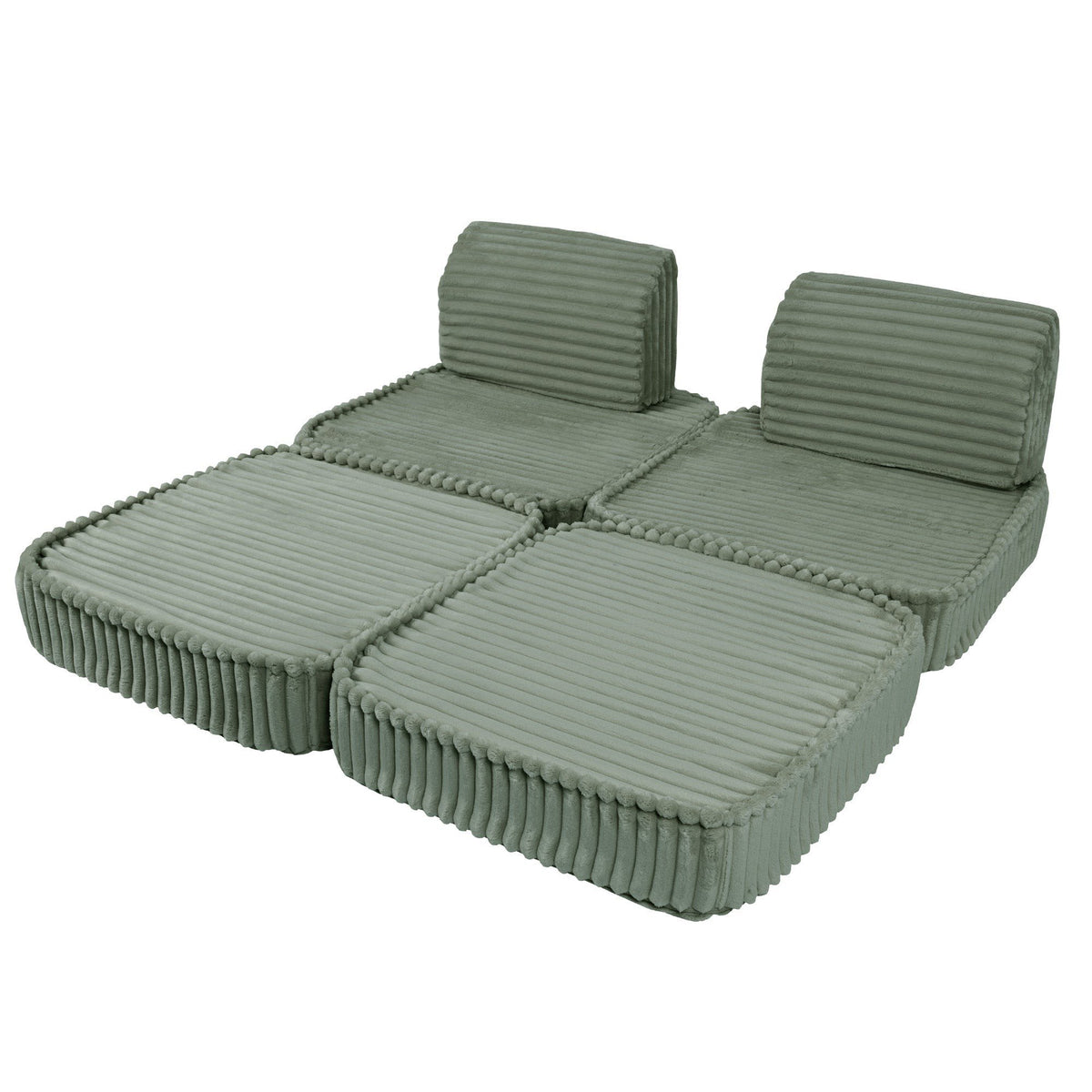 2. Sage green modular kids sofa in a reclined layout with ribbed corduroy fabric, featuring two backrests and extended seat cushions