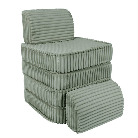 3. Stacked configuration of sage green modular kids sofa with ribbed corduroy texture, showing compact storage option