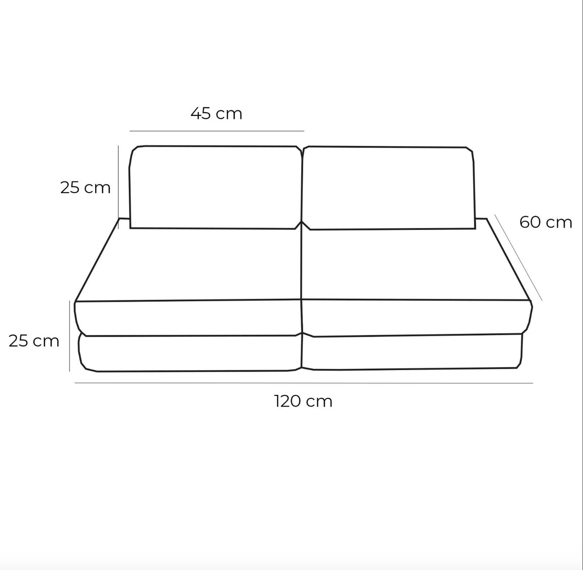 5. Size chart for small modular kids sofa showing dimensions in centimeters, including height, width, and depth