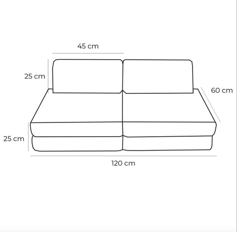 5. Size chart for small modular kids sofa showing dimensions in centimeters, including height, width, and depth
