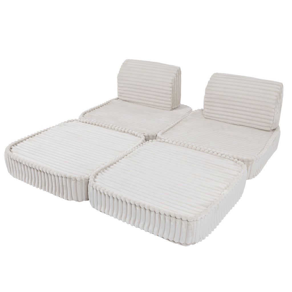 4. White modular kids sofa in a flat configuration, emphasizing ribbed corduroy texture and modularity