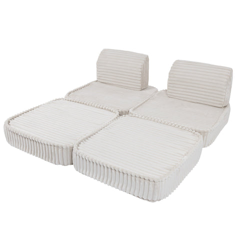 4. White modular kids sofa in a flat configuration, emphasizing ribbed corduroy texture and modularity
