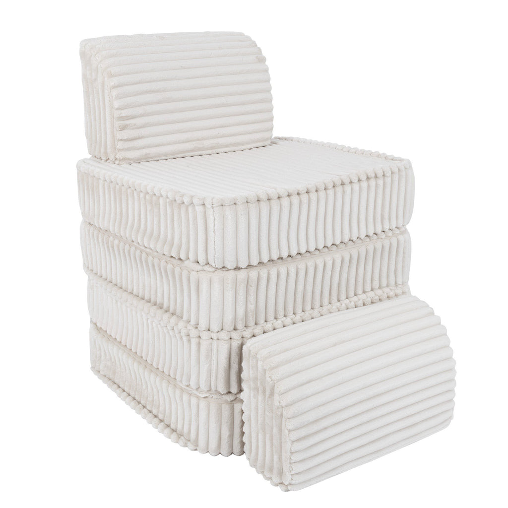 2. White modular kids sofa stacked vertically, highlighting ribbed corduroy texture and modular design