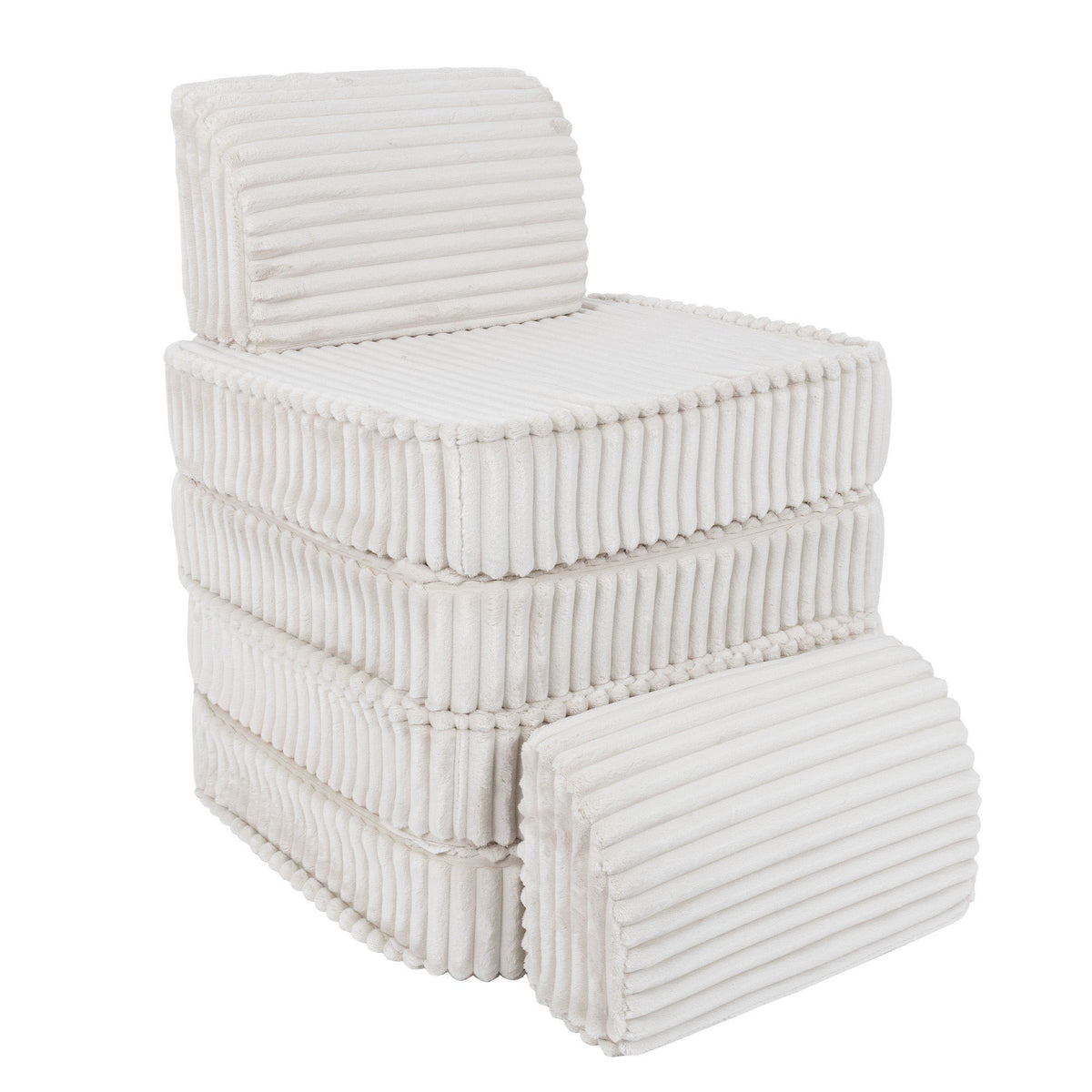 2. White modular kids sofa stacked vertically, highlighting ribbed corduroy texture and modular design